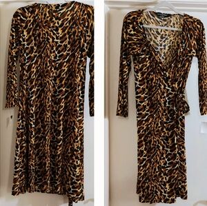 Norma Kamali Leopard Animal Print Stretch Long Sleeve Sweetheart Wrap Dress L